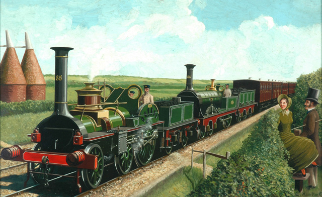 South Eastern Railway train in Kent countryside hauled by 4-2-0 locomotives nos.85 and 136