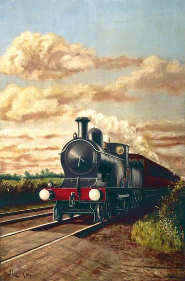 Oil painting by J LYR train hauled by 4-4-0 locomotive