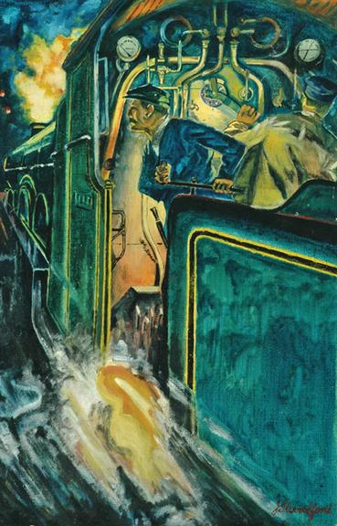 Oil painting. The GWR Night Mail by J G Woodford, 1913 (painting)