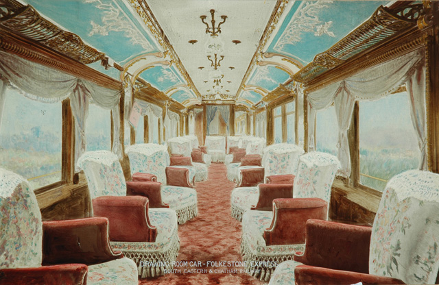 Drawing Room Car, Folkestone Express (painting; painted photograph)