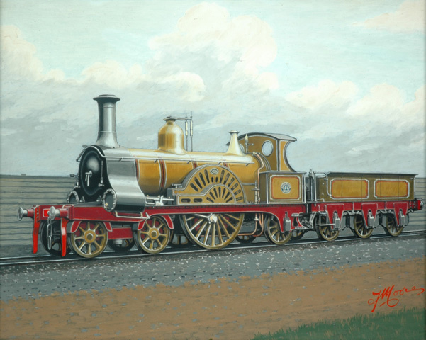 Painted photograph by F. Moore. GER 4-2-2 locomotive no.51. Framed and glazed (painting; painted photograph)