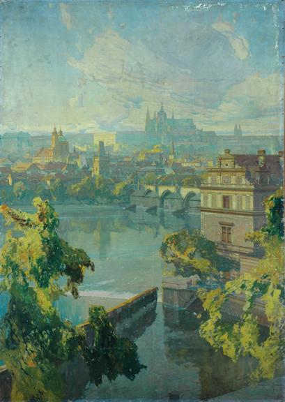 Panel from LNER steamer SS Prague showing view of Prague (painting; oil painting)