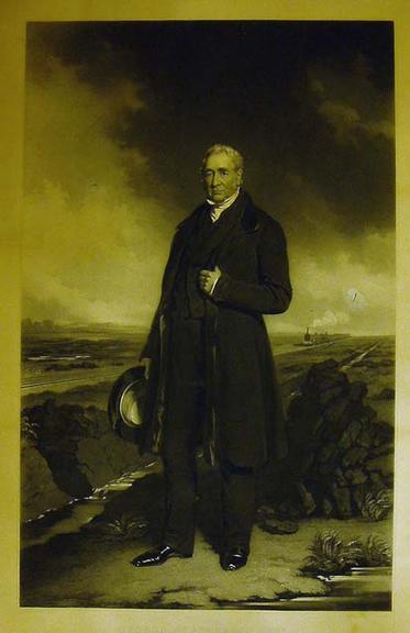 Engraving of 'Portrait of George Stephenson standing on Chat Moss', by John Lucas, 1849