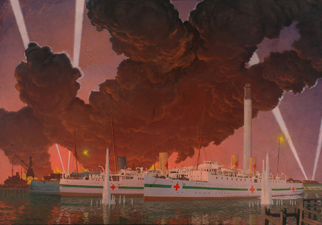 Southern Railway steamers as hospital ships awaiting the wounded while Dunkirk burns (painting; oil painting)