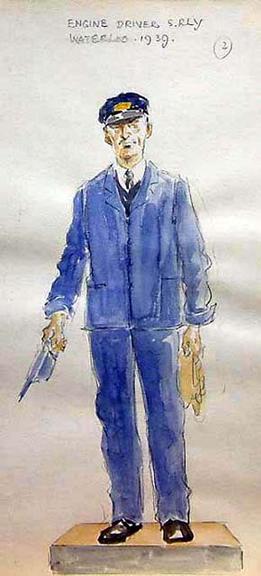 Engine Driver, Southern Railway, Waterloo (painting; watercolour; drawing)