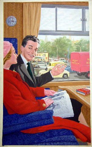 Couple on a Train, British Railways (WR) poster artwork, (painting; watercolour; poster artwork)