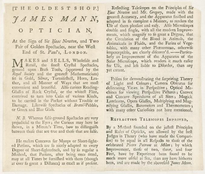Trade Card:- James Mann, optician