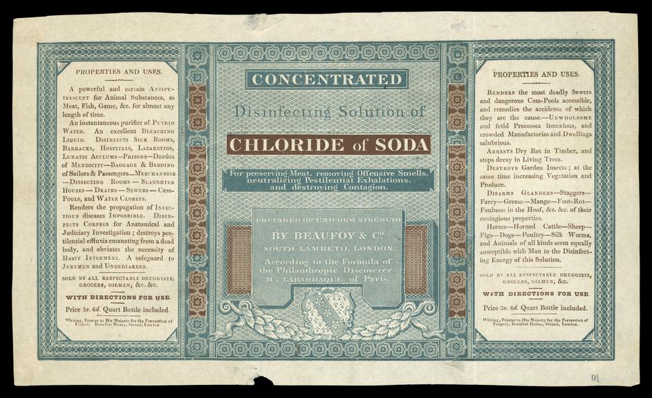 Label for 'Concentrated Disinfecting Solution of Chloride of Soda', London, England, 1822-1829
